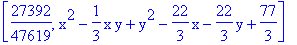 [27392/47619, x^2-1/3*x*y+y^2-22/3*x-22/3*y+77/3]